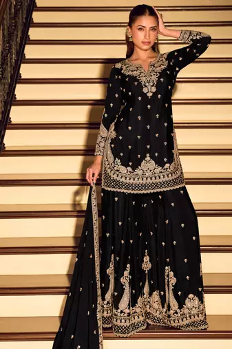 Black art silk sequins readymade suits free size up to 42