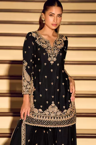 Black art silk sequins readymade suits free size up to 42