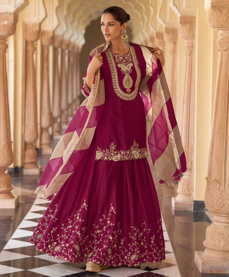 Wine art silk sequins readymade suits free size up to 42