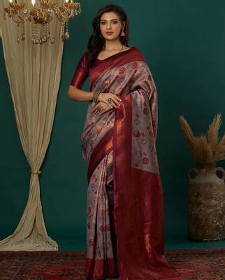 lavender wine silk blend banarasi saree with unstitched blouse piece 1