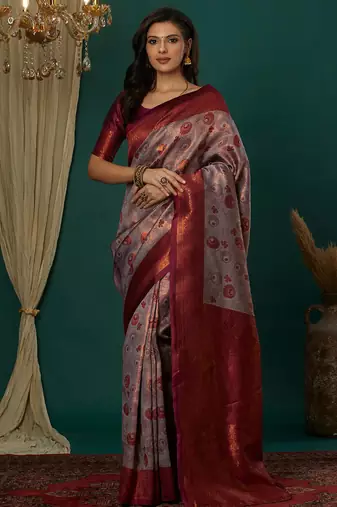 Lavender wine soft silk blend banarasi jacuard work designer party wear saree with unstitched blouse piece