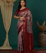 Lavender wine soft silk blend banarasi jacuard work designer party wear saree with unstitched blouse piece