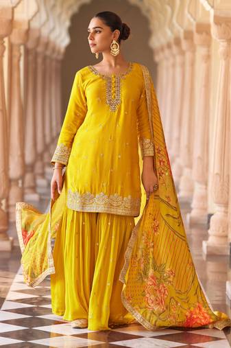 Yellow art silk sequins readymade suits free size up to 42