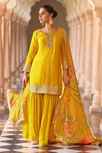 Yellow art silk sequins readymade suits free size up to 42