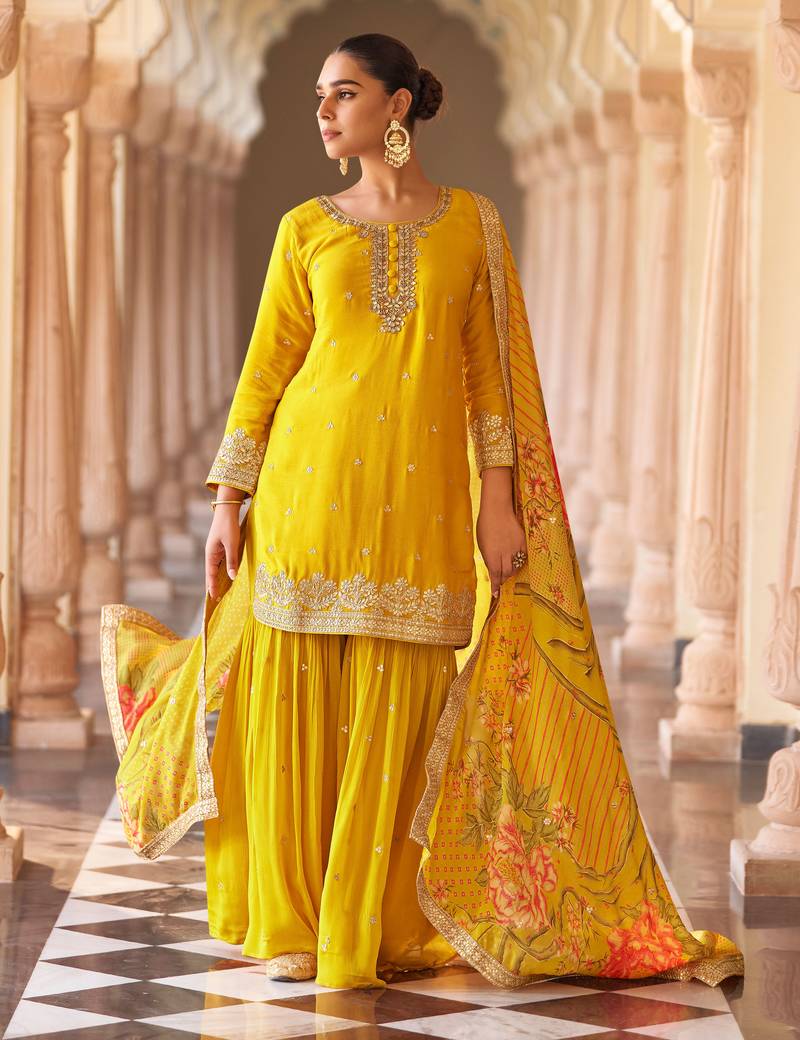 Yellow art silk sequins readymade suits free size up to 42