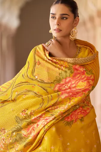 Yellow art silk sequins readymade suits free size up to 42