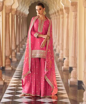 Pink art silk sequins readymade suits free size up to 42 1