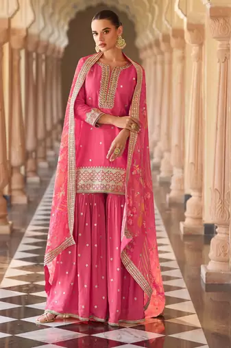 Pink art silk sequins readymade suits free size up to 42