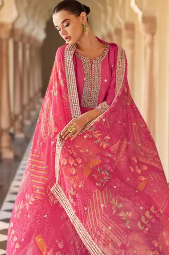 Pink art silk sequins readymade suits free size up to 42