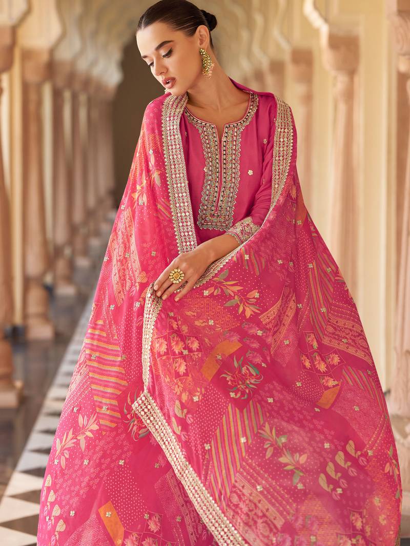Pink art silk sequins readymade suits free size up to 42