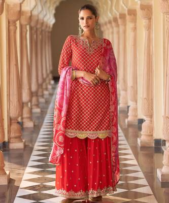 Red art silk sequins readymade suits free size up to 42 1