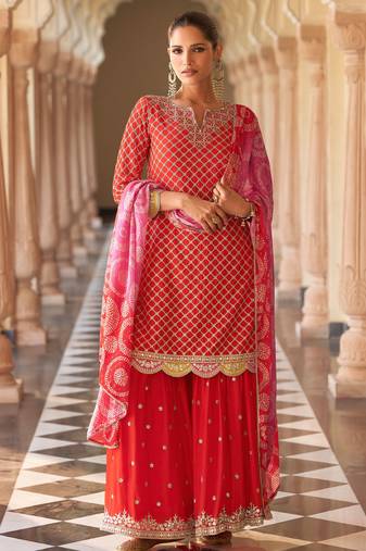 Red art silk sequins readymade suits free size up to 42
