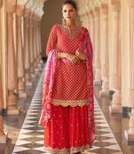 Red art silk sequins readymade suits free size up to 42