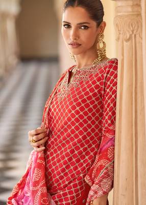 Red art silk sequins readymade suits free size up to 42 2