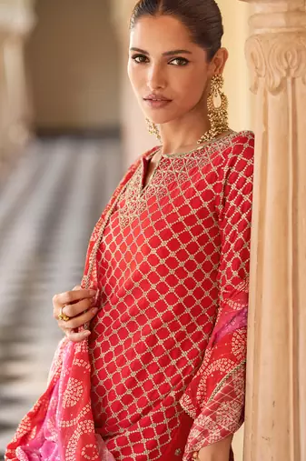 Red art silk sequins readymade suits free size up to 42