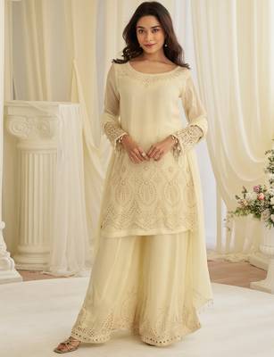 Beige crepe sequins readymade suits free size up to 42 1