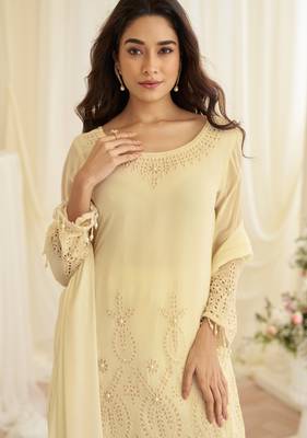 Beige crepe sequins readymade suits free size up to 42 2
