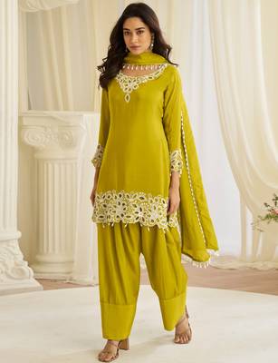 Lime yellow crepe sequins readymade suits free size up to 42 1