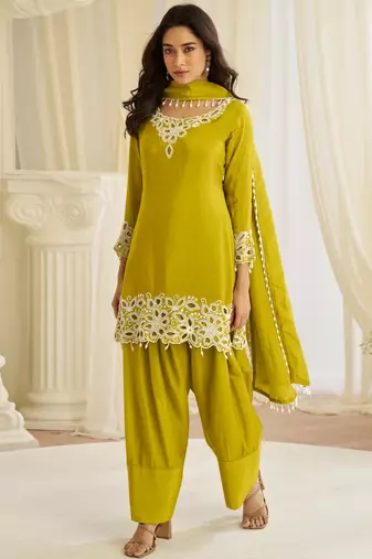Lime yellow crepe sequins readymade suits free size up to 42