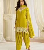 Lime yellow crepe sequins readymade suits free size up to 42