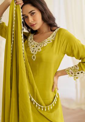 Lime yellow crepe sequins readymade suits free size up to 42 2