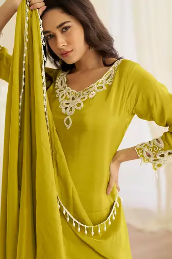 Lime yellow crepe sequins readymade suits free size up to 42