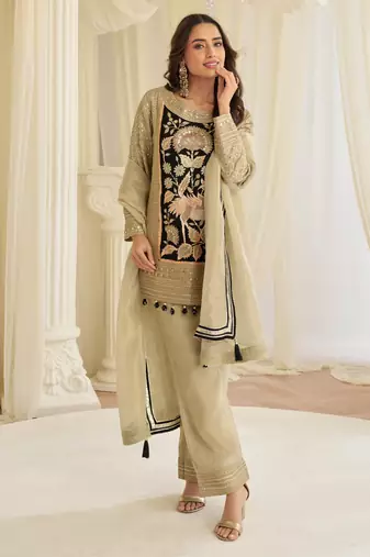 Cream crepe sequins readymade suits free size up to 42