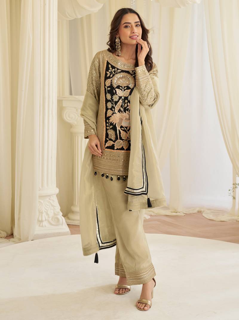 Cream crepe sequins readymade suits free size up to 42