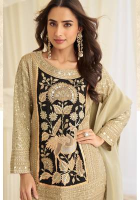 Cream crepe sequins readymade suits free size up to 42 2