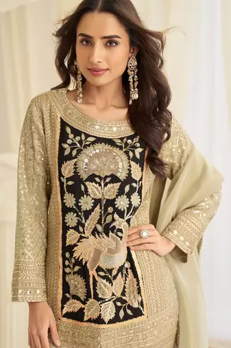 Cream crepe sequins readymade suits free size up to 42