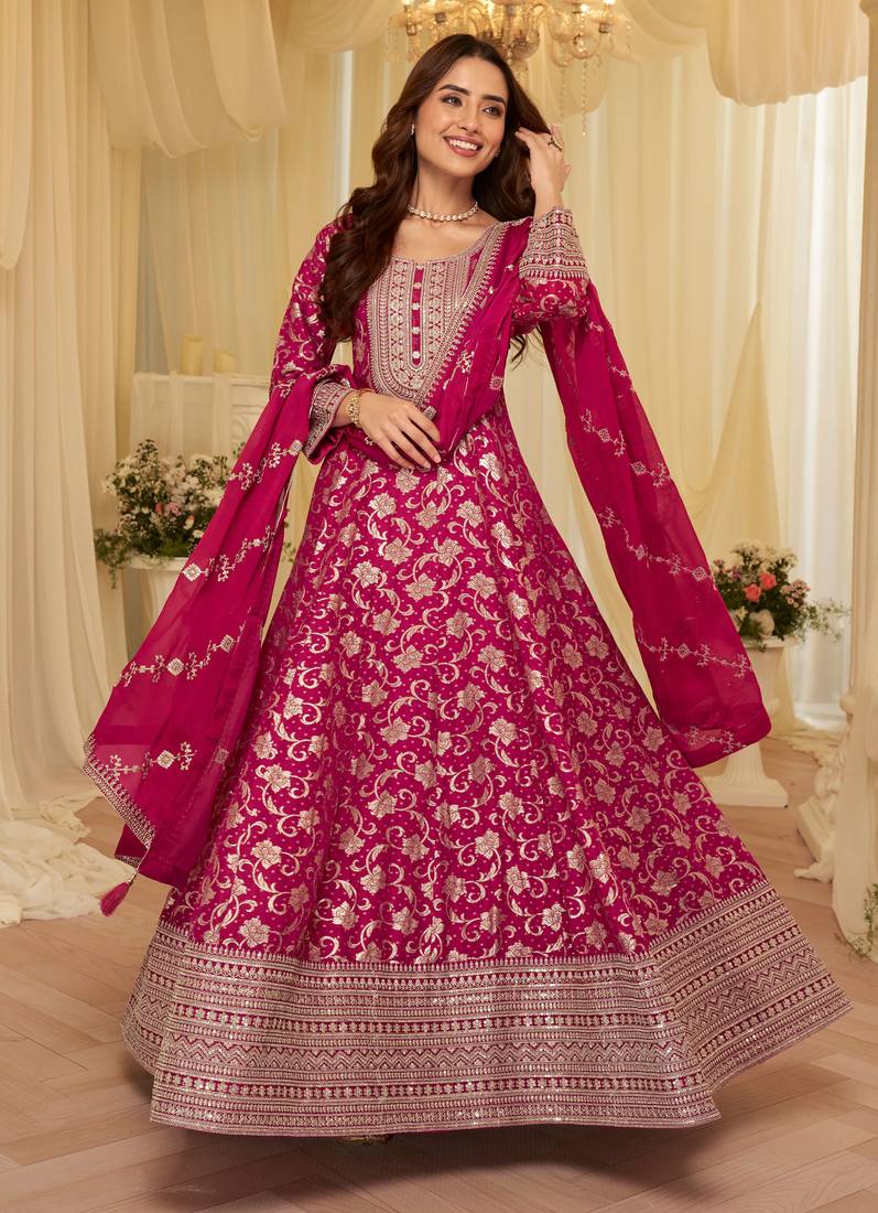 Rani pink viscose sequins readymade suits free size up to 42