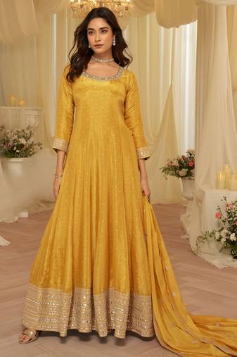 Yellow viscose sequins readymade suits free size up to 42