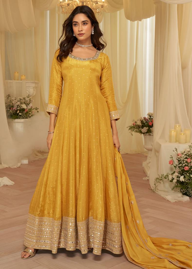 Yellow viscose sequins readymade suits free size up to 42