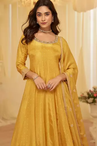 Yellow viscose sequins readymade suits free size up to 42