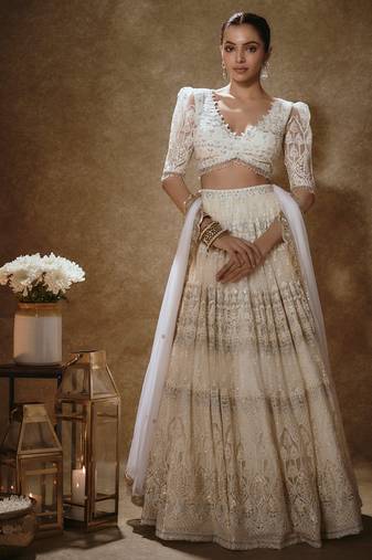 off white net crystal & thread work lehenga