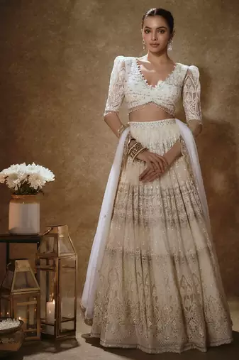 off white net crystal & thread work lehenga