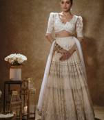 off white net crystal & thread work lehenga
