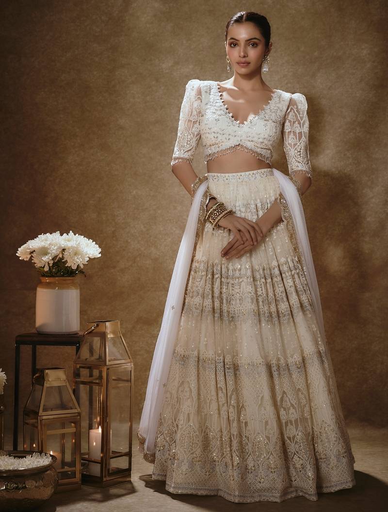 off white net crystal & thread work lehenga