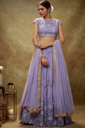 lavender net embroidered semi-stitched lehenga set