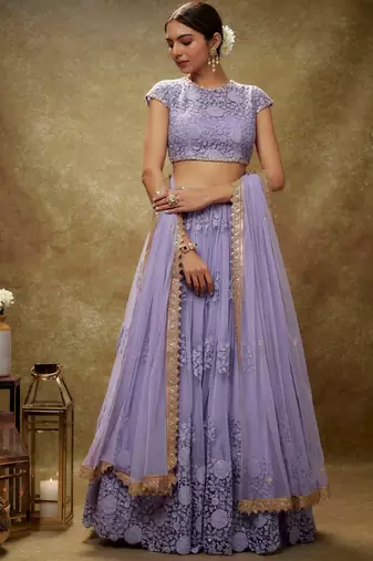 lavender net embroidered semi-stitched lehenga set