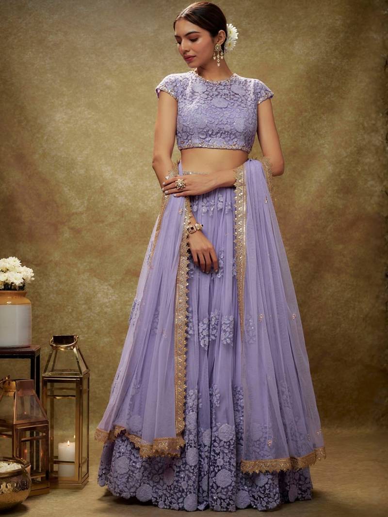 lavender net embroidered semi-stitched lehenga set