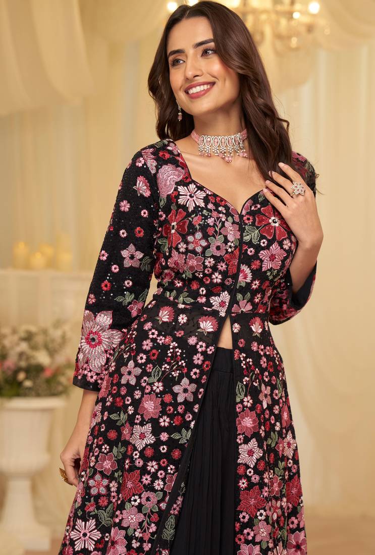 Black georgette sequins readymade suits free size up to 42