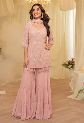 Pink georgette sequins readymade suits free size up to 42 1