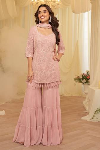 Pink georgette sequins readymade suits free size up to 42
