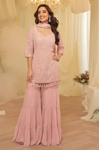 Pink georgette sequins readymade suits free size up to 42