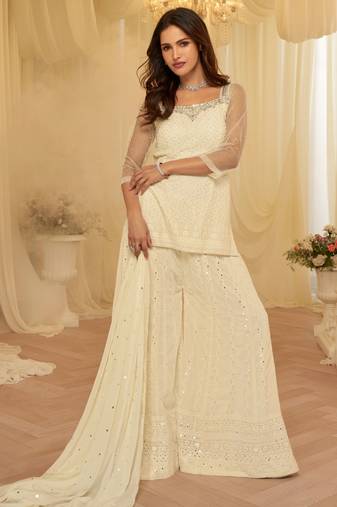 Off white georgette sequins readymade suits free size up to 42