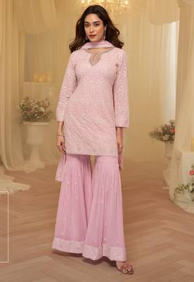 Pink georgette sequins readymade suits free size up to 42 1