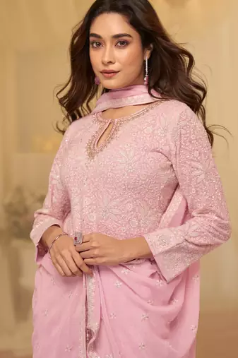 Pink georgette sequins readymade suits free size up to 42