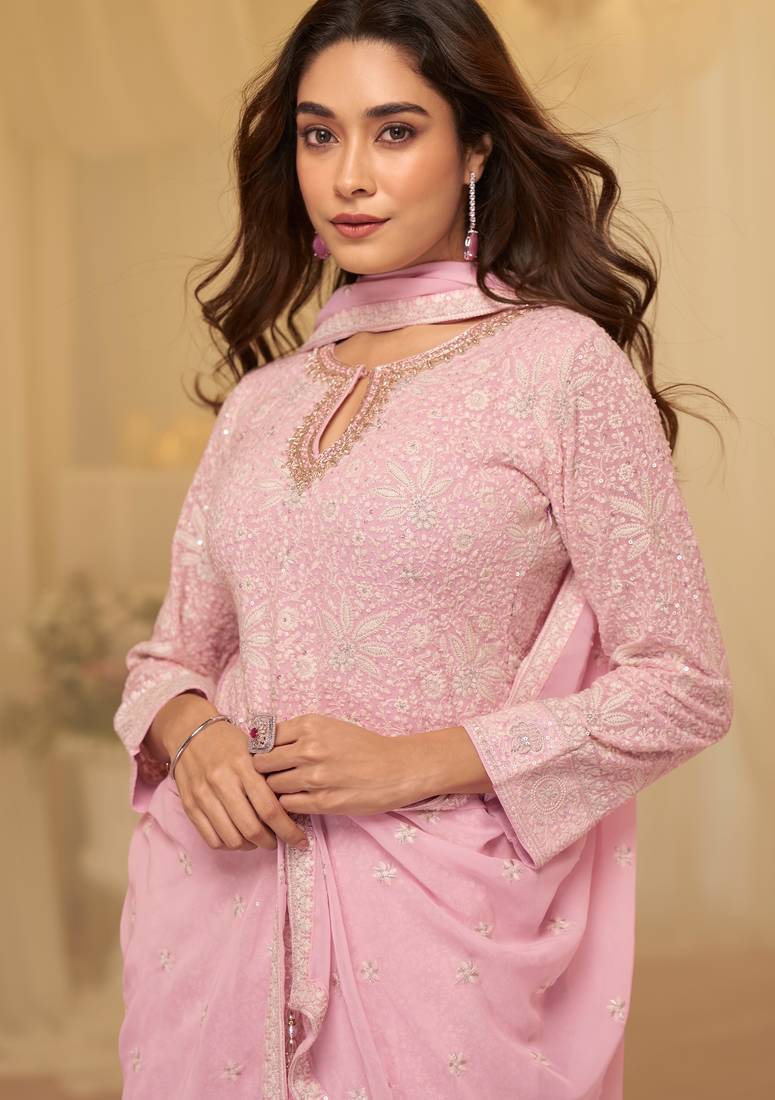 Pink georgette sequins readymade suits free size up to 42