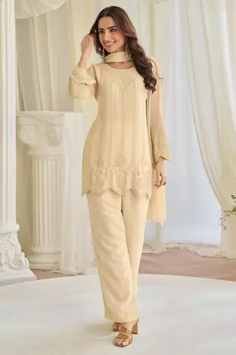 Beige art silk sequins readymade suits free size up to 42